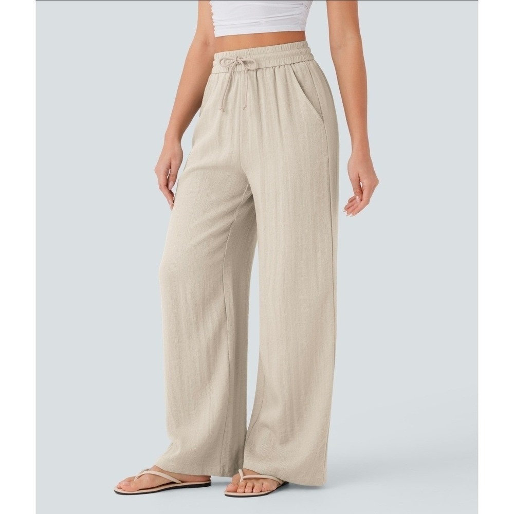 Halara High Waisted Drawstring Pocket Wide Leg Linen Feel Pants Beige Size Small